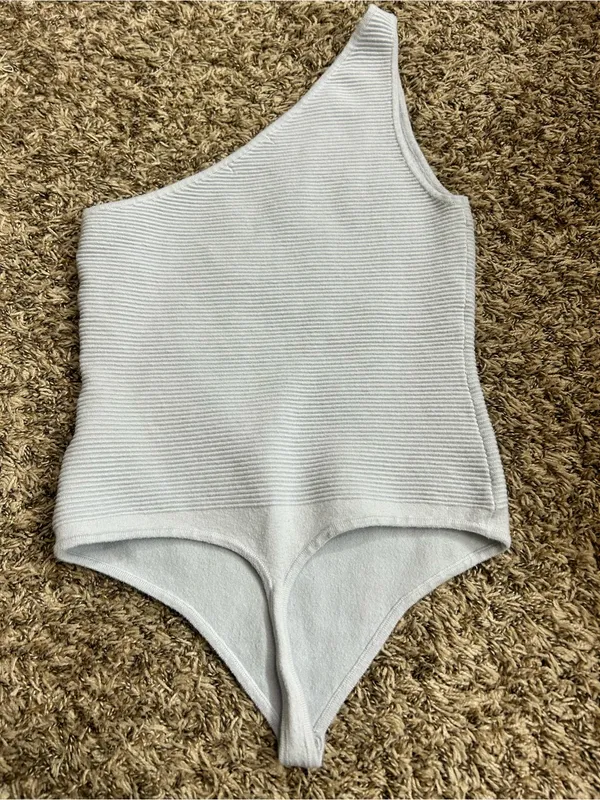 Abercrombie & Fitch Knit Ribbed One-Shoulder Bodysuit Pale Blue Sz M - Image 7
