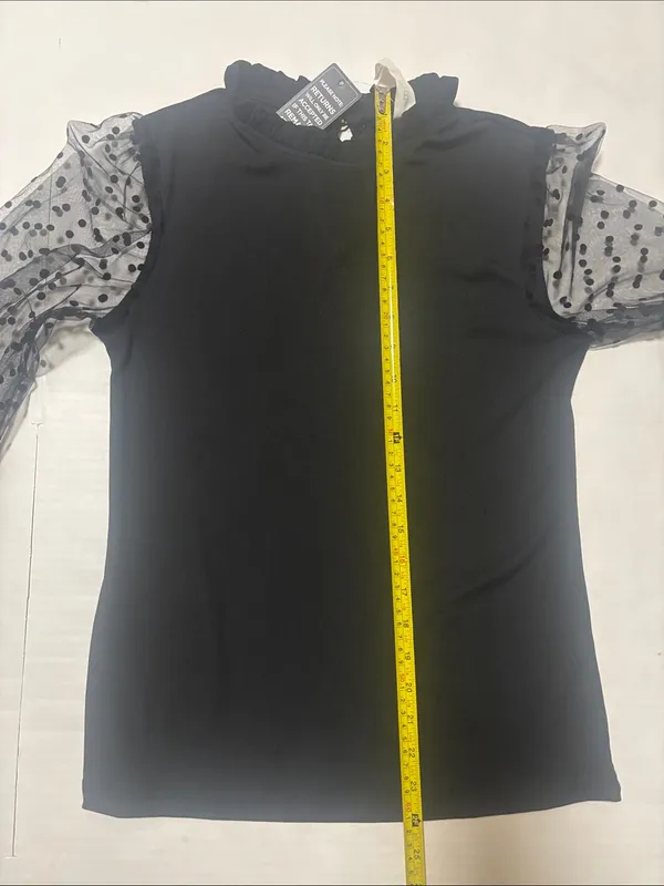 Blooming Jelly Black Ruffle Neck Polka Dot Mesh Sleeve Top S Dopamine Preppy Lux - Image 8