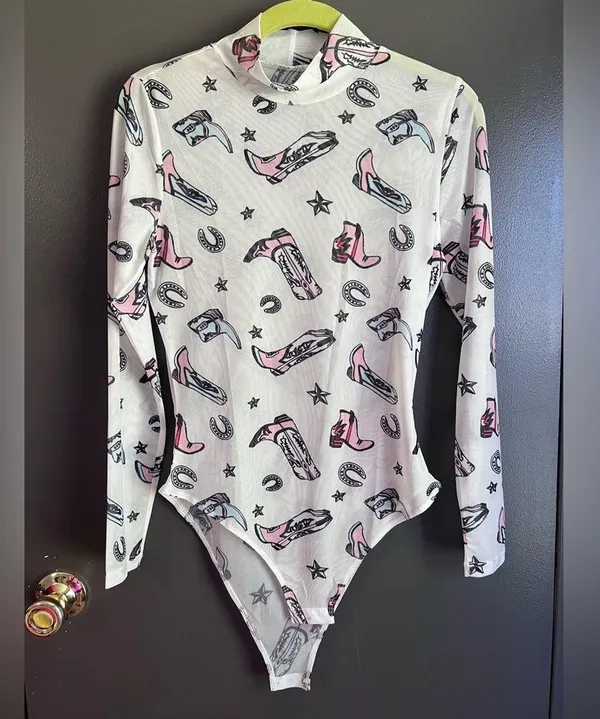 White western print mesh bodysuit Size M - Image 2