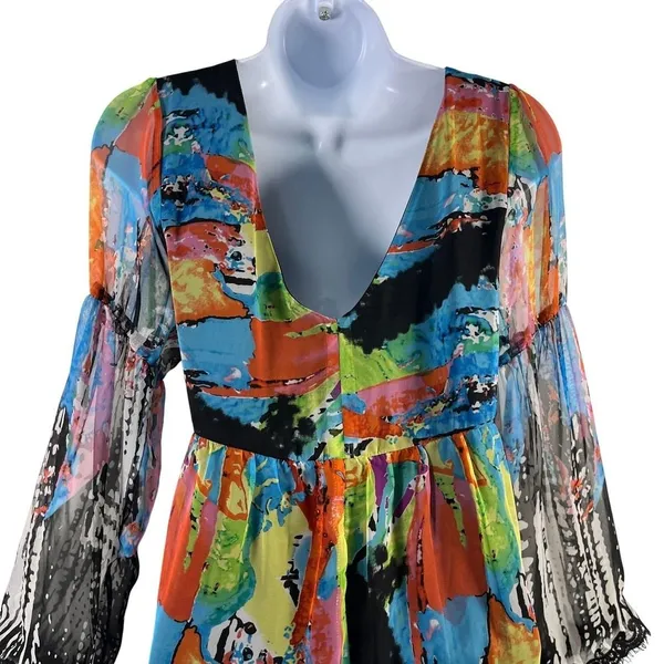 Vintage Oleg Cassini 80s 90s Abstract Boho Sheer Bell Sleeve Midi Dress Sz 6 - Image 11