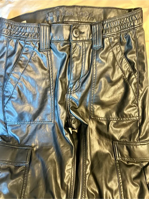 American Eagle Stretch High-Waisted Vegan Leather Straight Cargo Pant - Image 2