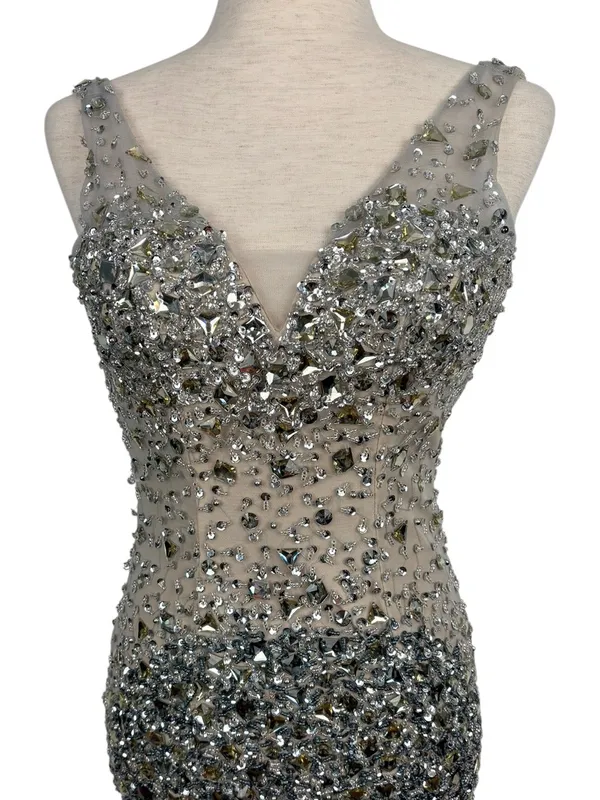 NIGHT STUDIO Couture Nude Illusion Crystal Beaded Gown Formal Evening Dress - Image 3