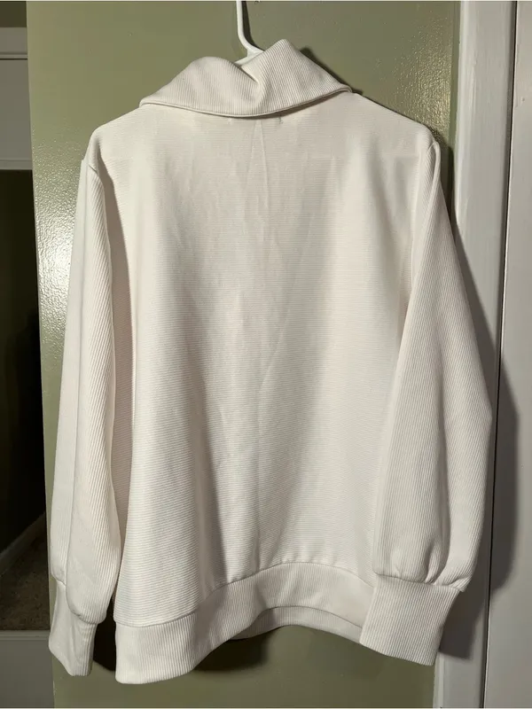 Merokeety Women's Size Large Quarter Zip V Neck Collar Ribbed Sweatshirt Cream - Image 7