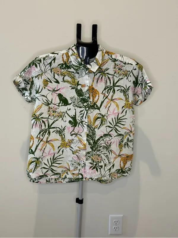 Rachel Zoe 100% Linen Tropical Jungle Animal Print Button Down Shirt S - Image 2