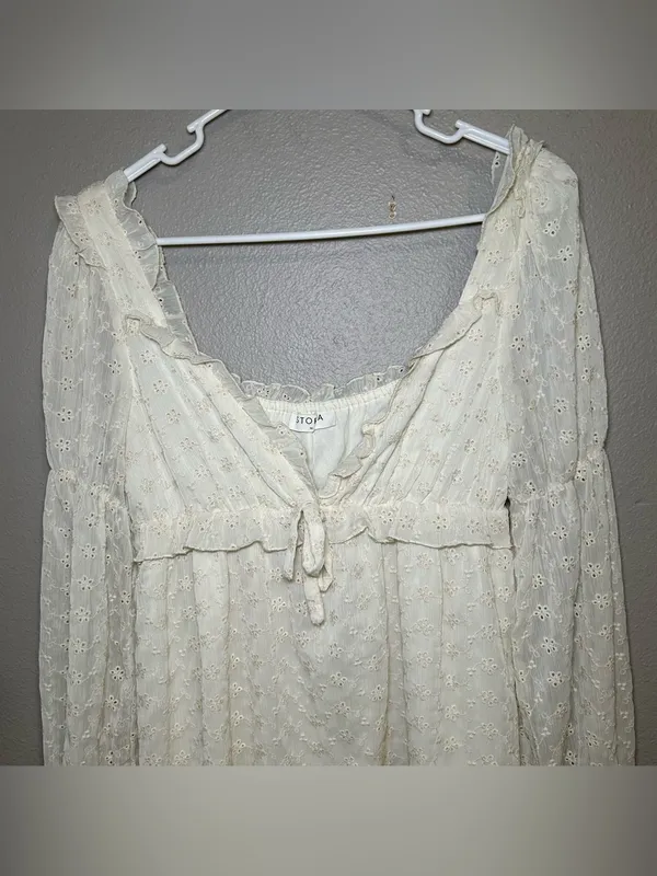 Storia Neutral Sheer V Neck Long Sleeve Cottagecore Mini Dress Women’s Medium - Image 2
