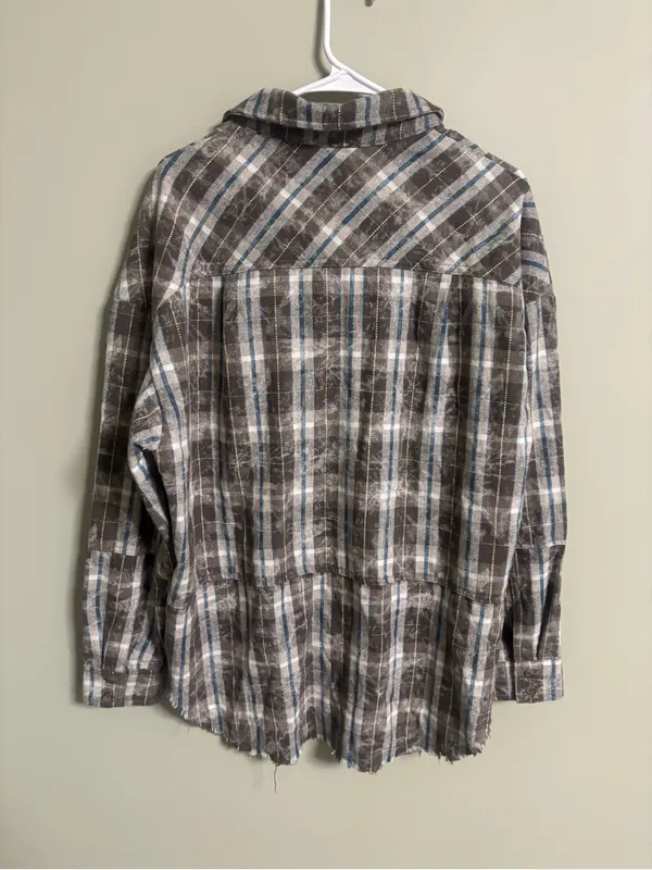 BKE Oversized Plaid Long Sleeve Shirt Medium Brown Blue Frayed Raw Edge Grunge - Image 2