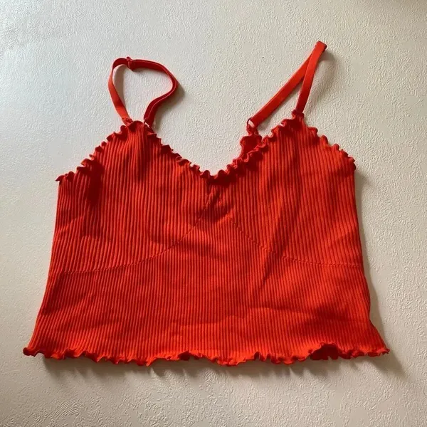 Aerie Orange Ribbed Lettuce Trim Cropped Cami Tank Top Size Large - Image 2