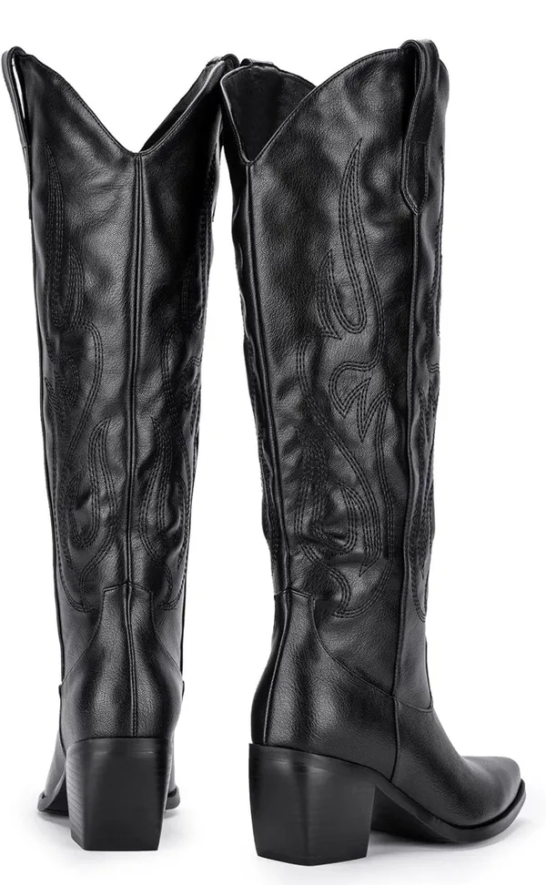 Amazon Black Pointed Toe Knee High Cowboy Boots - Image 3