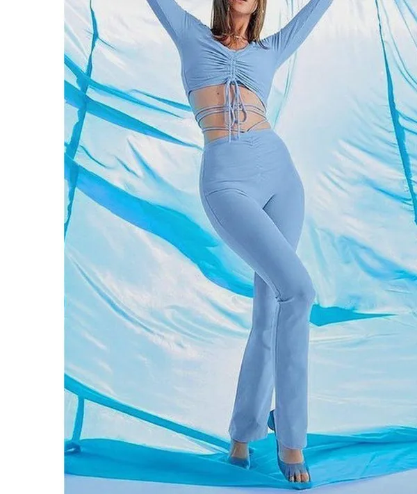 Alo Airbrush High-Waist Cinch Flare Legging Tile Blue Tie-Up Corset Lace Hi-Rise - Image 7