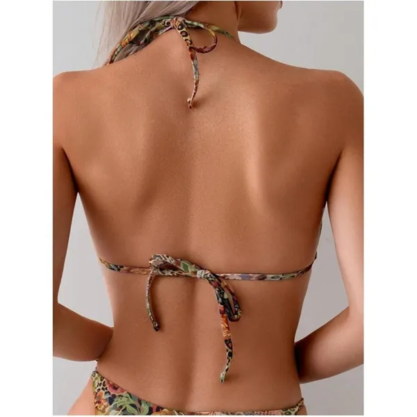 Boutique LARGE 2 Piece Swimsuit Leopard Floral Bikini Gold Ring Halter Bathing Suit - Image 4