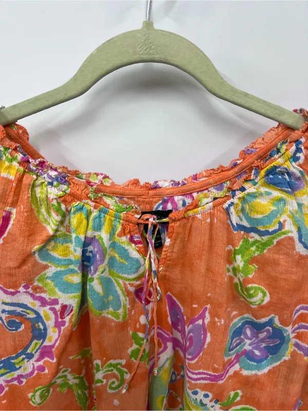 Lauren Ralph Lauren Orange Floral Paisley Peasant Blouse L 100%cotton - Image 6