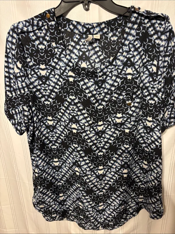 Cato Black and White Geometric Short Sleeve Top - Image 2