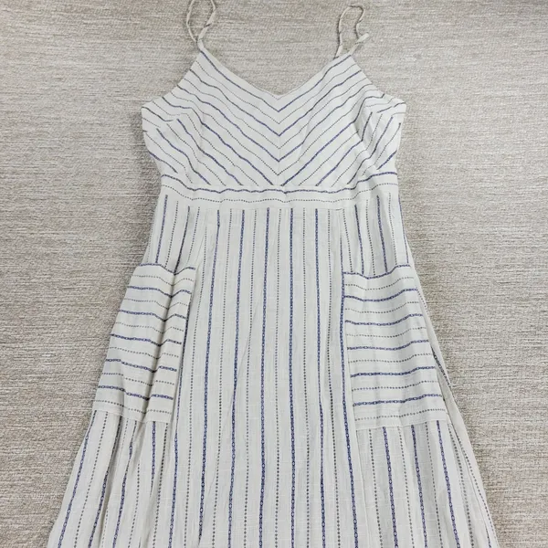 Monteau Los Angeles Linen Maxi Sundress Large White Blue Striped Rayon Slit - Image 4