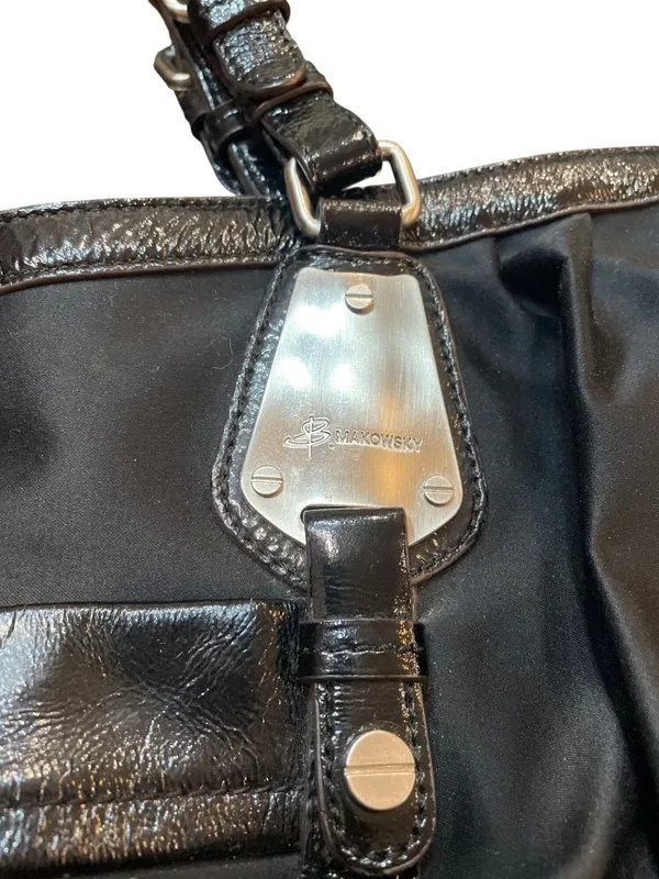 B Makowsky wms Vtg black leather canvas silver hobo shoulder handbag SKU 10537 - Image 10