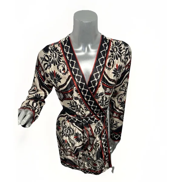 FARM RIO Passion Scarf Wrap Mini Dress Women's Size XS Black Printed - Image 13