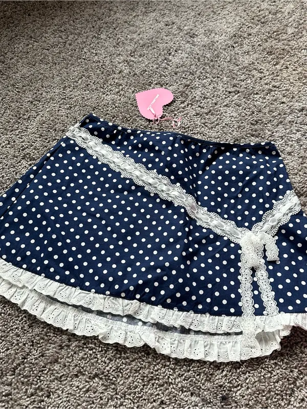 Sugar Thrillz Navy and White Polka Dot Lace-Trim Mini Skirt - Image 2
