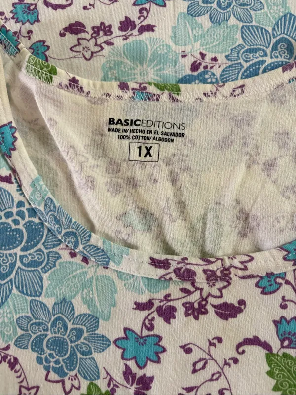Basic Editions White Tank with Blue, Purple & Green Floral Print - Image 3