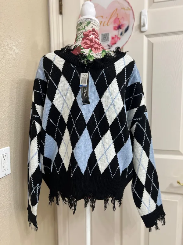 Just Polly Y2K Grunge Distressed Argyle Knit Sweater Size XL NWT Blue - Image 4