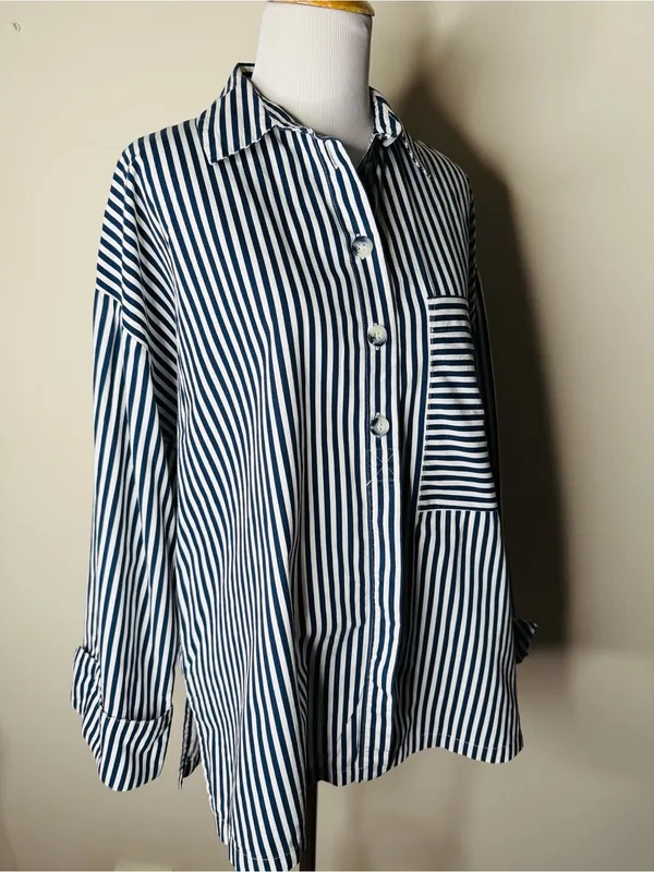 Zara Blue and White Striped Poplin Button Down - Image 3