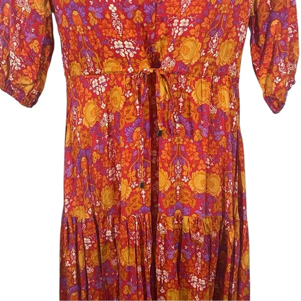 Floral Prairie Maxi Dress Small Boho Festival Cottagecore Orange Pink Romance - Image 5