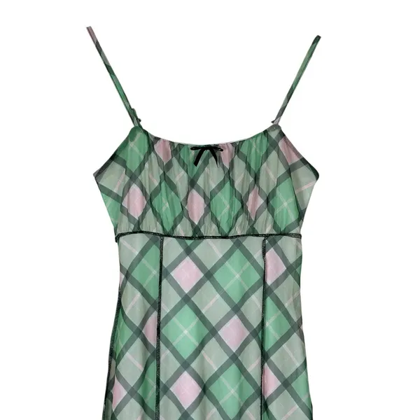 Rue21 Mini Dress Womens M Green Pink Plaid Mesh Bow Sheer Lined Coquette Y2K - Image 3