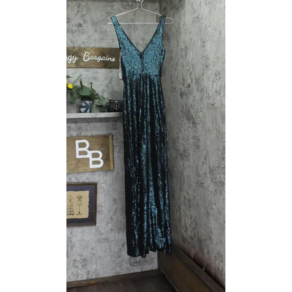 NWT Taylor Stretch Mesh Sequin Cinched Waist Gown Dress Bottle Green 2 - Image 7