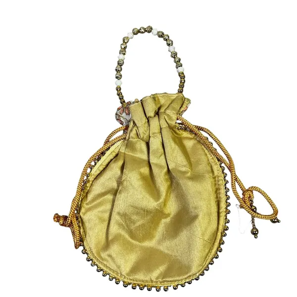 Designer Evening Clutch Beaded Handle Drawstring Pouch Bag Gold - Image 4