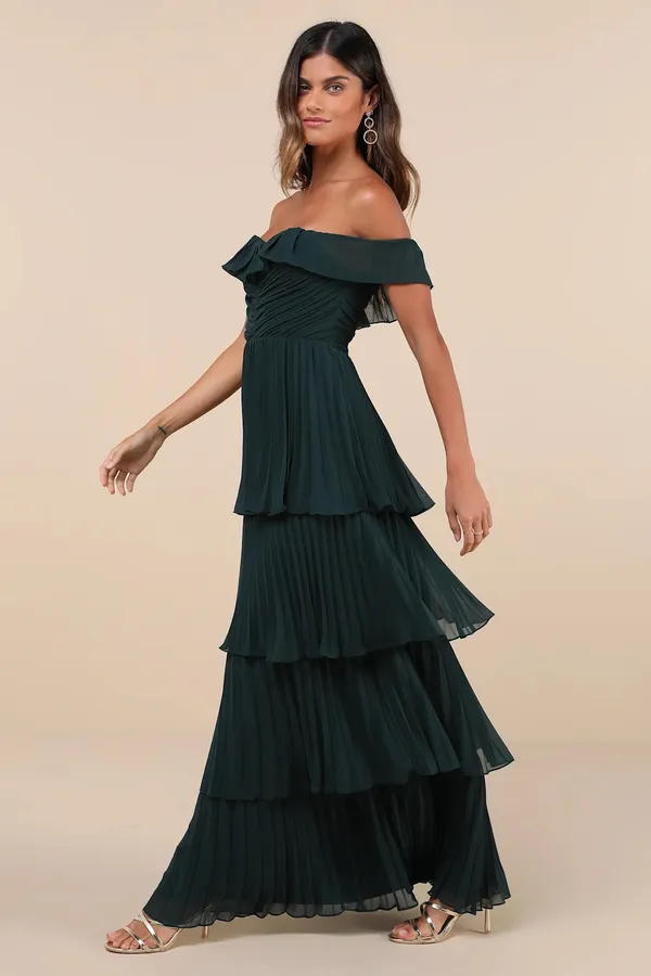 Lulus Always Remarkable Emerald Pleated Off-the-Shoulder Maxi Dress - Image 4