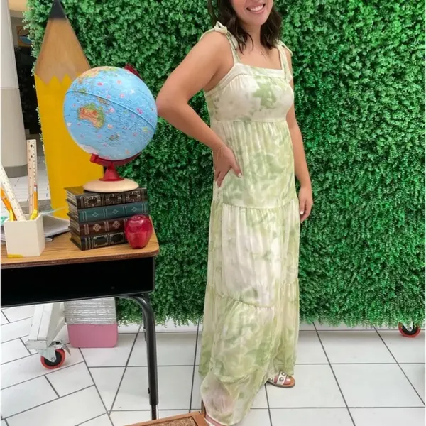 Line + Dot Green Tropical Maxi Dress SMALL Tiered Ruffle Cottage Vacation $115 - Image 8
