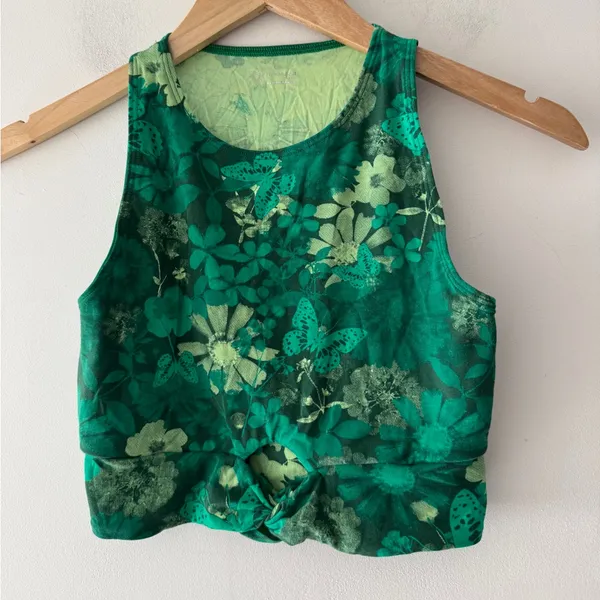 OFFLINE By Aerie Real Me XTRA Twist Crop Tank Top Jade‎ Floral Green Butterfly - Image 2