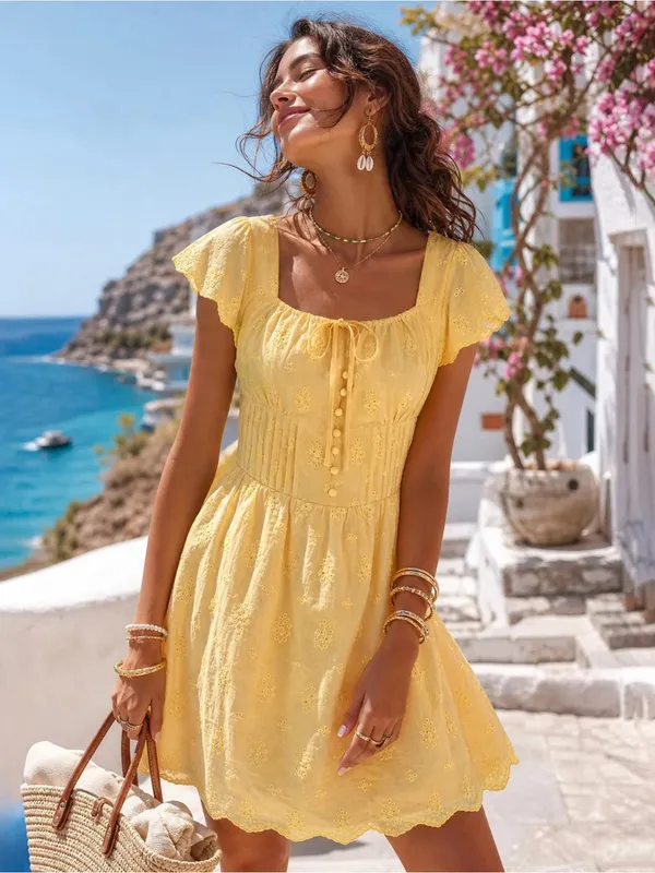 Rihoas Yellow Square Neck Tie Button Mini Dress - Image 2