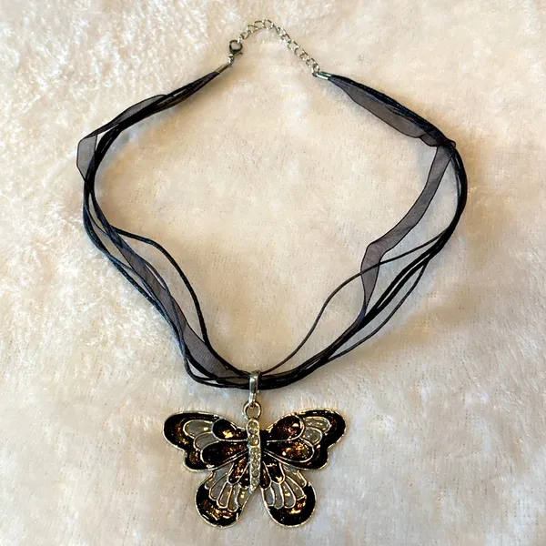Women's Colorful Butterfly Inlaid Zircon Pendant Ribbon Charm Necklace Black - Image 3