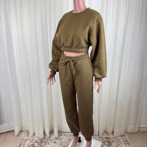Zenana 2 Piece Crop Top Tracksuit Jogger Pants Set Outfit Workout Small Olive Green - Image 4