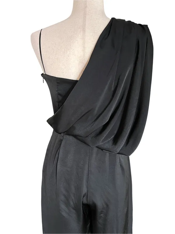 DO+BE black satin jumpsuit featuring an asymmetrical draped one-shoulder overlay - Image 8