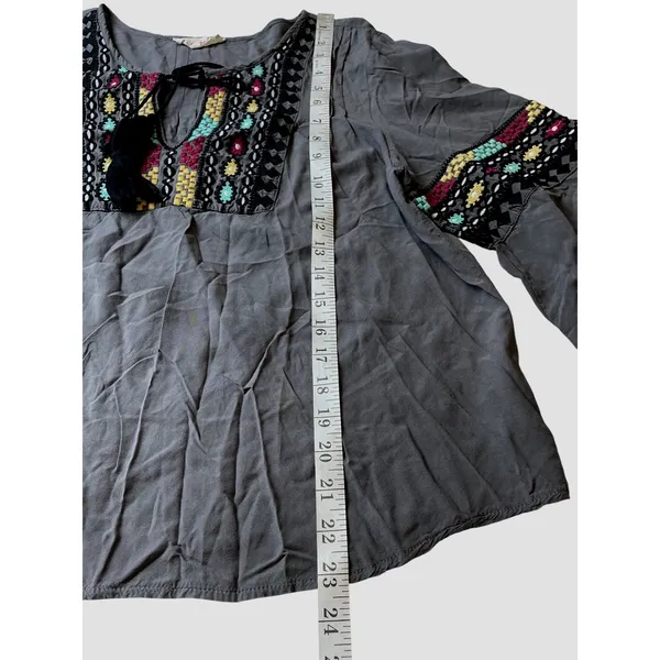 Solitaire Gray Embroidered Peasant Blouse Tassel Tie Long Sleeve Top Large - Image 11