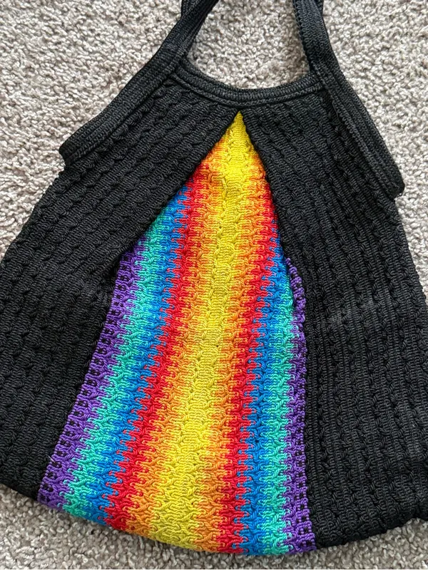 Vintage Rainbow Colorful Woven Shoulder Bag Black Bohemian Pride Hobo Tote - Image 8