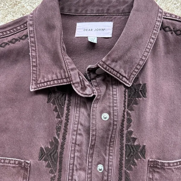 Dear John Purple/Maroon Denim Button-Up Jacket with Embroidered Aztec Details - Image 3