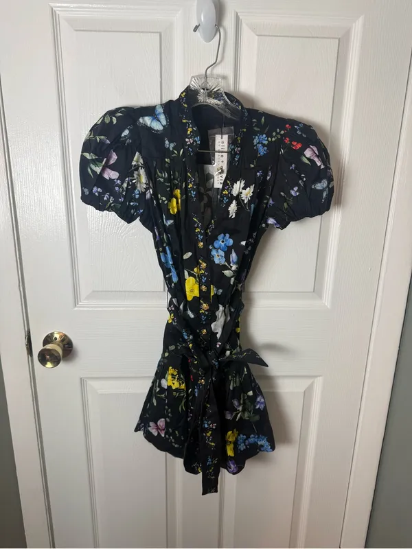 Alice + Olivia Cora Mini Shirt Dress in Twisting Vines Black XS - Image 2