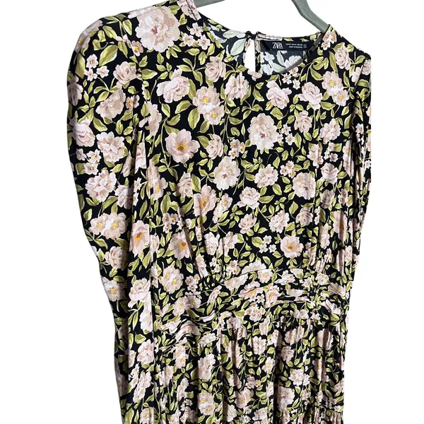 Zara Floral Puff Sleeve Mini Dress Size‎ Medium Retro Holiday Party Black Pink - Image 5