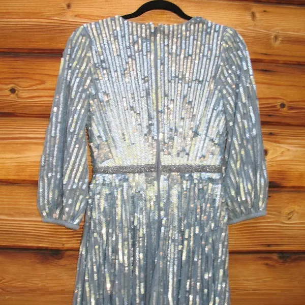 Mac Duggal Size 4 Blue Sequin Wrap Over 3/4 Sleeve Maxi Dress Gown - Image 9