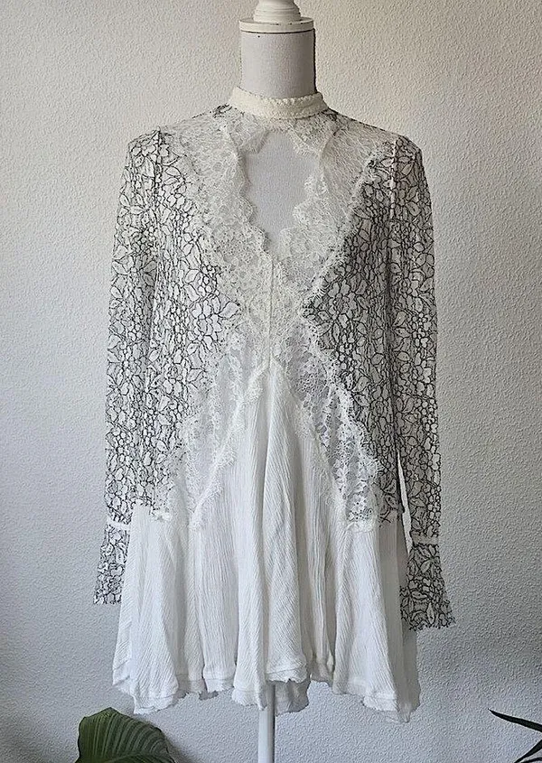 Free people White lace long sleeve dress / tunic with high neck small - Image 2