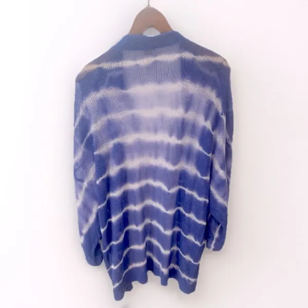 Chico’s Farida Tie Dye Linen Open Mesh Knit Cardigan Womens M Blue Coastal Boho - Image 7
