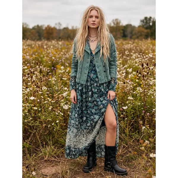 Free people Bohemian See it through Maxi Dress Twilight Floral Large Retro 70s - Image 2