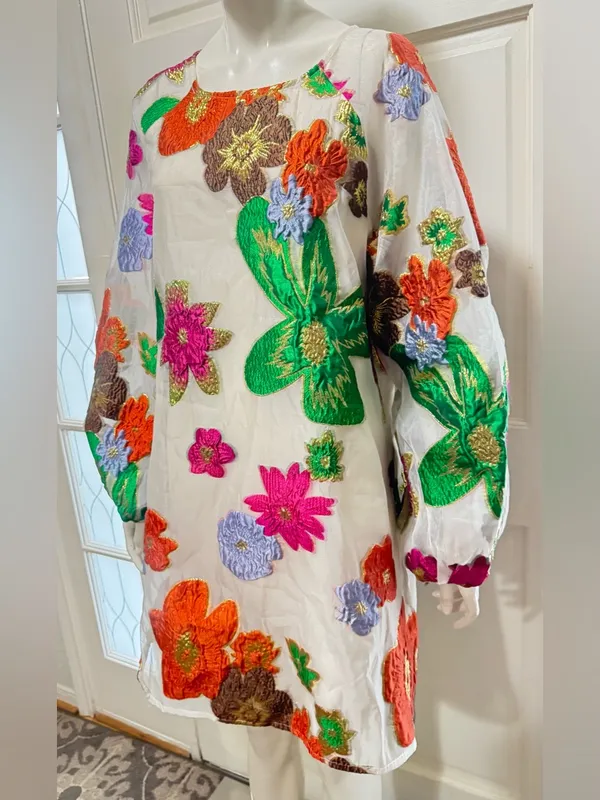 En Crème Floral Organza Bubble Sleeve Mini Dress long sleeve womens Sz Medium - Image 6