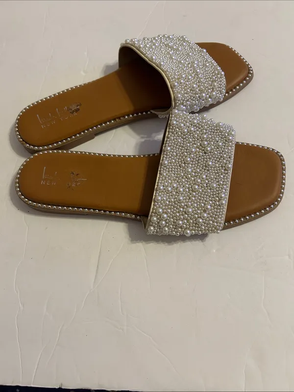 Nicole Miller Pearl-Embellished Cream Slide Sandals - Image 2