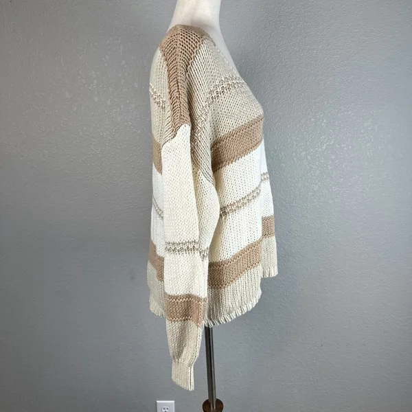 Magnolia Boho V-Neck Pullover Sweater‎ One Size Neutral Beige Ivory Stripe NEW - Image 5