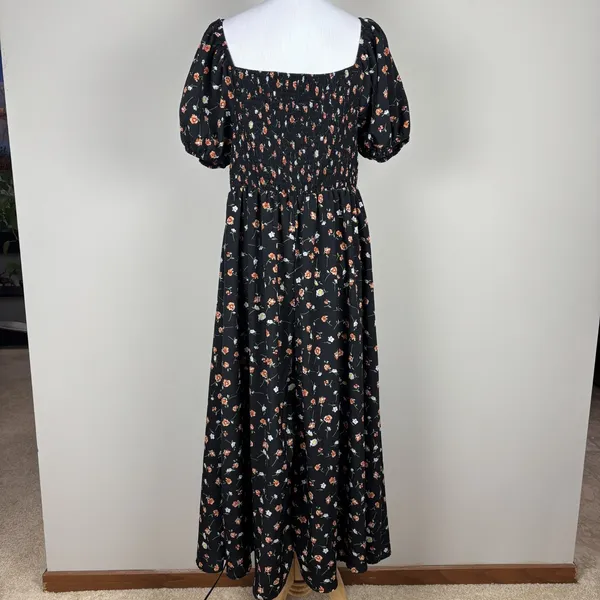 Milkmaid Maxi Dress Womens XL Black‎ Floral Feminine Smocked Puff Short Sleeve - Image 7