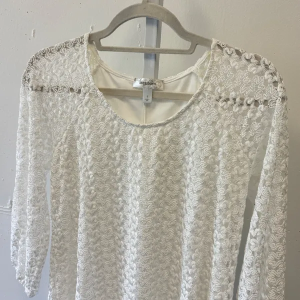 Dressbarn‎ Lace Tunic Top Small Handkerchief Hem 3/4 Sleeve Crochet Boho White - Image 3