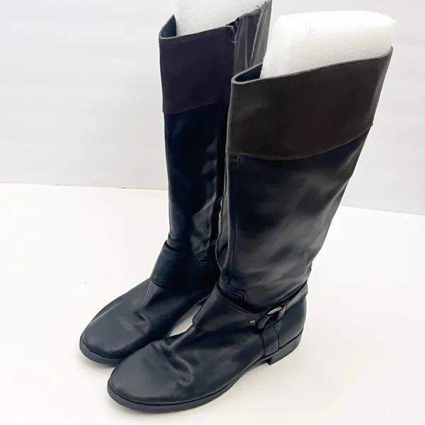RALPH LAUREN Sulita Leather Black Brown Harness Zipper Knee High Riding Boots 7 - Image 10