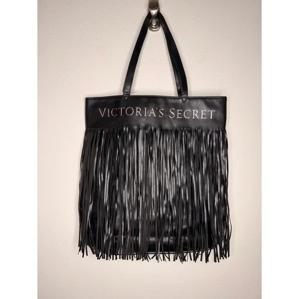 NWT Victoria's Secret Limited Edition black faux‎ leather fringe tote bag - Image 9